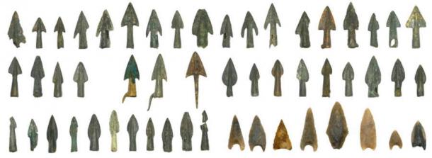 Bronze and flint arrowheads from the Tollense Valley site. (Lief Inselmann/Antiquity Publications Ltd)